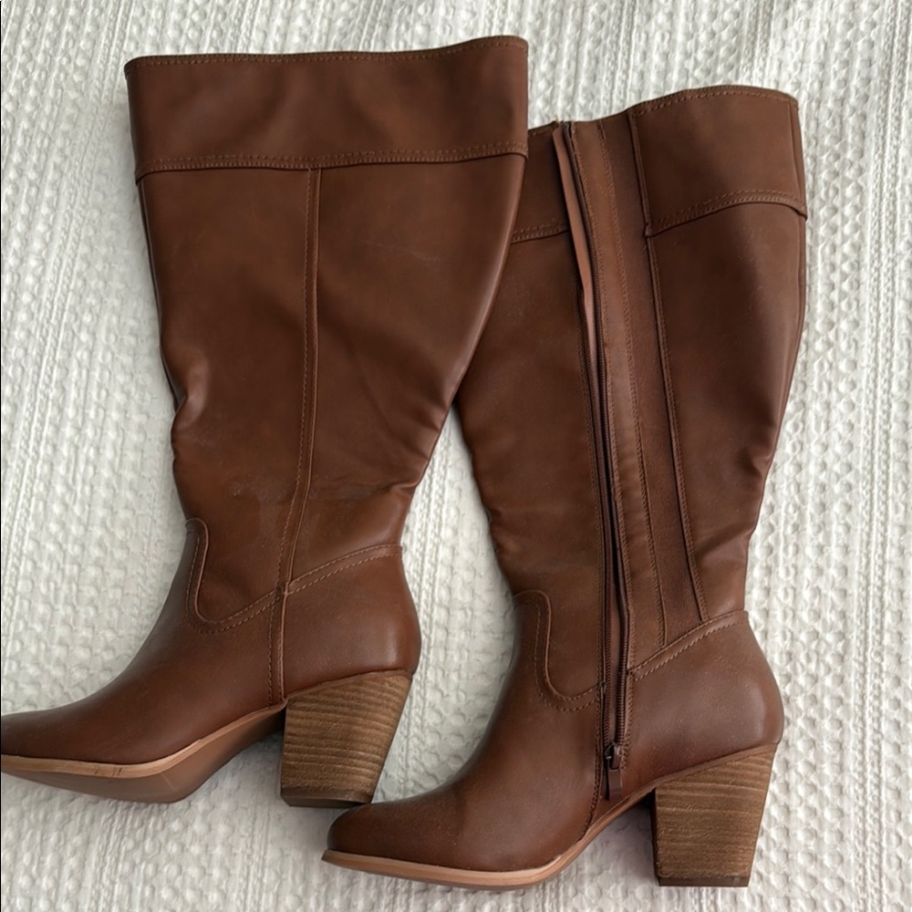 Torrid Brown Leather Heeled Boots with Stacked Heel